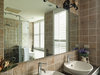 以双洗脸盆规划的主卫浴，结合复古砖与两段式木百叶窗，让氛围完整到位，也保有淋浴如厕的隐私。